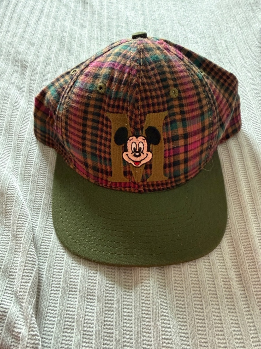 Vintage Plaid Baseball Cap with Mickey Patch -Olive Brim